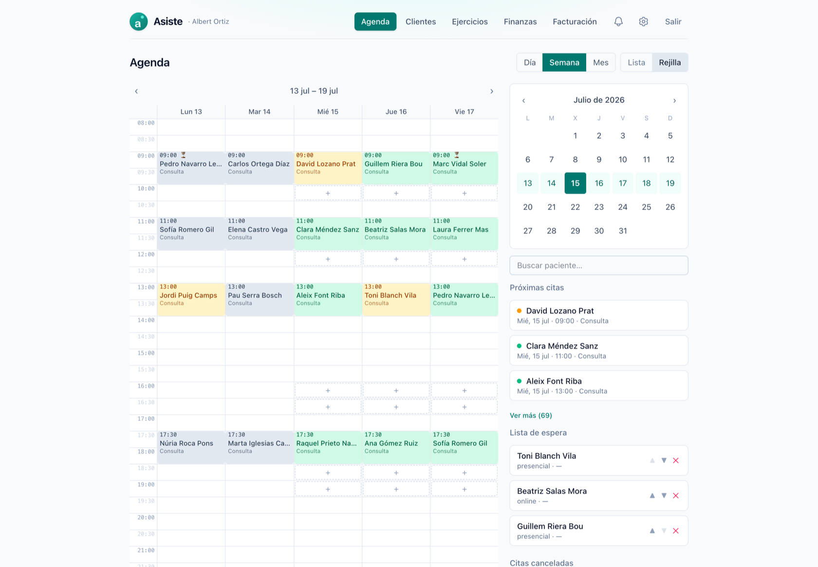 Panel web de Asiste — agenda semanal con próximas citas y lista de espera